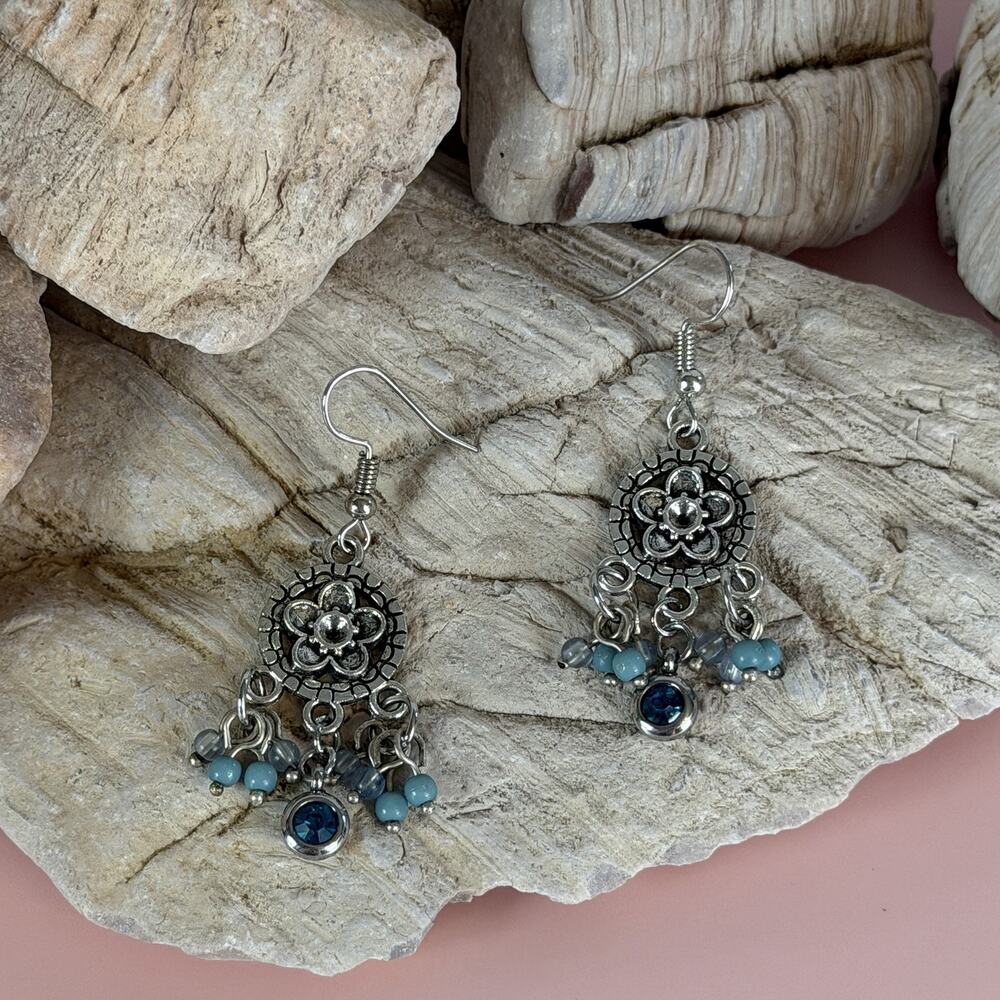 Shasta Daisy Floral Boho Silver-Tone Blue Zircon & Seed Bead Chandelier Earrings